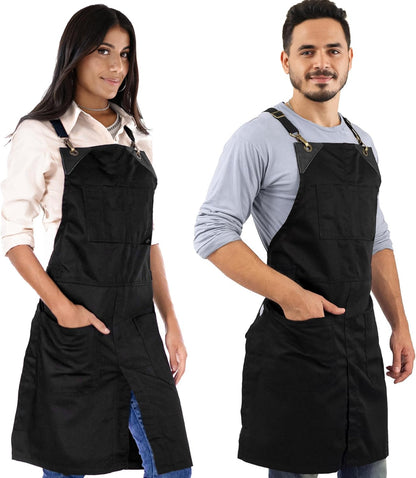 Under NY Sky Cross-Back Deep Black Apron - Durable Twill with Leather Reinforcement and Split-Leg - Adjustable for Men and Women - Pro Chef, Tattoo, Baker, Barista, Bartender, Stylist, Server Aprons