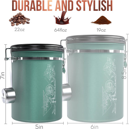 38oz / 22oz Coffee Canister – Airtight Stainless Steel Storage Container with Date Tracker & Scoop, Sealed Jar for Grounds, Beans, Tea, Flour, Cereal, and Sugar (Green Vibes, 22OZ)