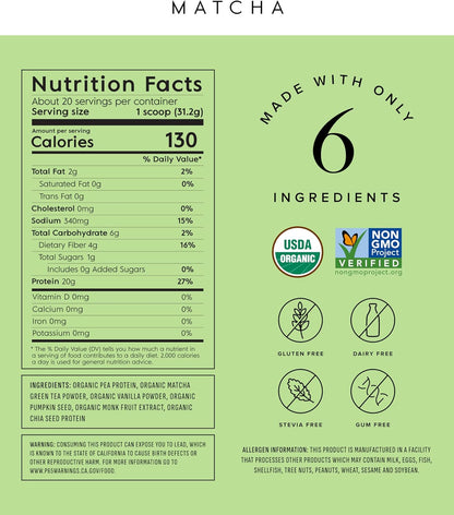 Truvani Vegan Pea Protein Powder | Matcha | 20g Organic Plant Based Protein | 20 Servings | Keto | Gluten & Dairy Free | Low Carb | No Added Sugar