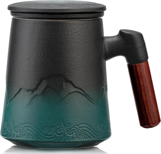 suyika Tea Cup with Infuser and Lid, 15.2 Ounce Wood Handle Ceramic Loose Leaf Mug Gradient Black&Green 450ml