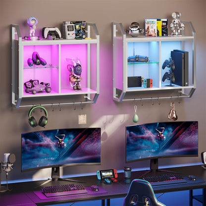 Bestier LED Gaming Floating Shelves for Wall, 25" Wall Mounted Shelf Pipe Adjustable Glass Shelves, White Hanging Display Rack with 6 S-Hooks Towel Bar, Gaming Bedroom Decor Shelf
