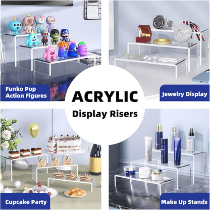 Goabroa 12 Pcs Clear Acrylic Risers Display Stands, 3 Tiers 4mm Thick Transparent Acrylic Shelves Ideal for Collectibles Stand, Party Cake Dessert Holder, Floating Visual Pop Figure Display Shelves