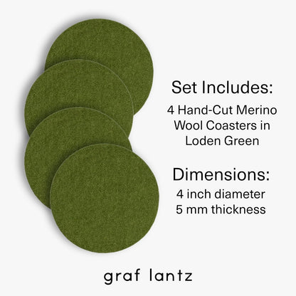 Graf Lantz - Bierfilzl Merino Wool Round Coasters Set of 4 - Loden Green (4" Circles) - Absorbs 30% of Weight - German Wool - Heat Resistant, Sustainable, & Reusable - Home Decor & Coffee Table Decor