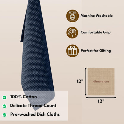 Native Fab Waffle 18 Pack Dish Cloths Set - 100% Cotton, 12"x12", Absorbent, Quick Dry, Washable Towels for Cleaning, Cooking & Drying Dishes - Great for Home, Restaurants, Cafes, Bars - Navy Blue