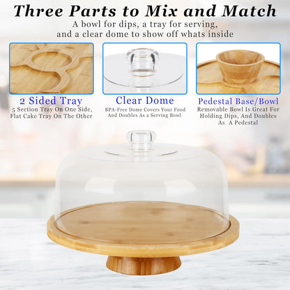 6 in 1 Large Bamboo Wood Cake Stand with Lid - Multiuse Wooden Cake Stand with Dome Acrylic Cake Cover/Cake Dome - Cake Holder With Lid - Acrylic Cake Stand Dome & Bamboo Base Punch Bowl - Cake Stands