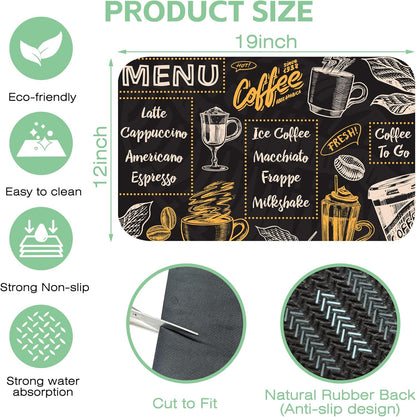 Vintage Coffee Poster Dish Drying Mat,,12"X19" Absorbent Fast Dish Drying Mat for Kitchen Counter Pot and Pan, Kitchen Accessories