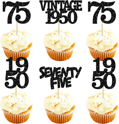 Gyufise 24Pcs Vintage 1950 Cupcake Toppers Glitter Cheers to 75 Fabulous Seventy Five Cupcake Picks 75th Birthday Wedding Anniversary Party Cake Decorations Supplies Black
