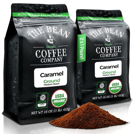 The Bean Organic Coffee Company Caramel, Medium Roast, Ground Coffee, 16-Ounce Bags (Pack of 2), Café molido tostado orgánico