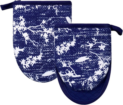 Mini Silicone Oven Mitts, Heat and Slip Resistant Kitchen Gloves 2-Pack Set, Birds Flower Soft Short Oven Mittens, Flexible Thick Pot Holders for Safe Cooking Baking and Grilling (Navy)