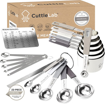 22-Piece Stainless Steel Measuring Cups and Spoons Set, Tad Dash Pinch Smidgen Drop Mini Measuring Spoons, Measuring Stick Leveler, Measurement Conversion Chart Fridge Magnet, (Charcoal)