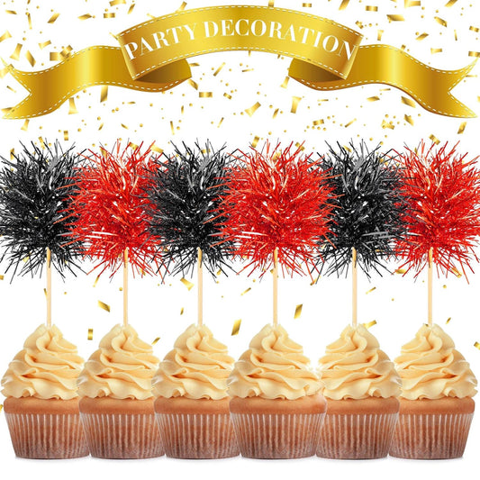 Chinco 100 Pcs Foil Firework Cupcake Toppers Sparkle Tinsel Cake Toppers Cake Decoration Cocktail Fruit Toothpick for Birthday Wedding Graduation Party(Red, Black)