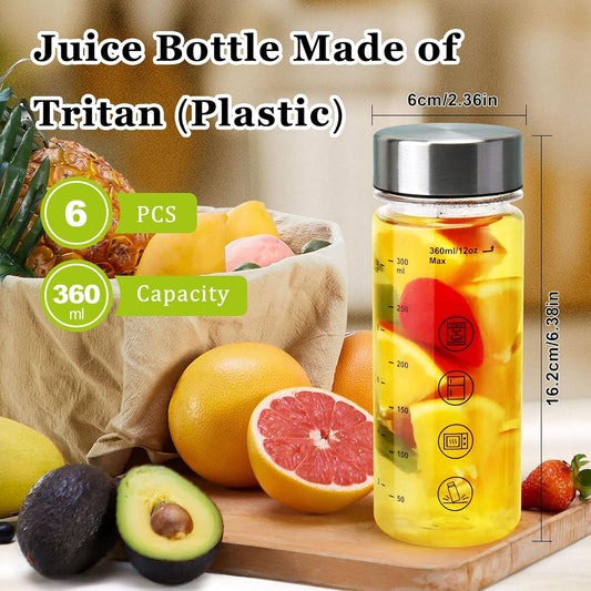 6 Pack Juice Bottles with Caps - Wide Mouth Resuable Clear Plastic Water Bottles for Juicing,Smoothie,Protein, Beverage,Storage Containers,BPA Free,Leakproof Stainless Steel Lid(12 Ounces)
