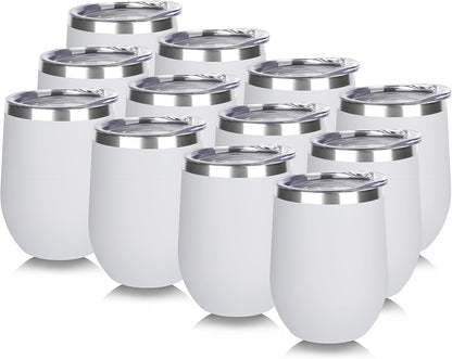 DOMICARE Stainless Steel Wine Tumbler Bulk with Lid, Personalized White Insulated Tumblers Set, 12oz Travel Coffee Cups Pack of 12