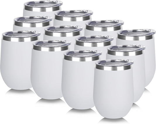 DOMICARE Stainless Steel Wine Tumbler Bulk with Lid, Personalized White Insulated Tumblers Set, 12oz Travel Coffee Cups Pack of 12
