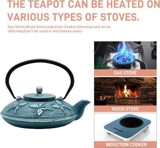 Cast Iron Teapot,SECHUDO Tea Kettle Coated with Enameled Interior for Loose Tea,Cast Iron Teapot with Stainless Steel Infuser for Stovetop Safe (27.1oz Flat Butterfly Pattern)