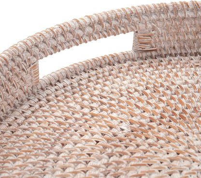 Coffee Table Tray Round Rattan Ottoman Tray Woven Serving Trays with Handles for Home and Kitchen Decorative White (Large 14 inch x 2.8 inch)