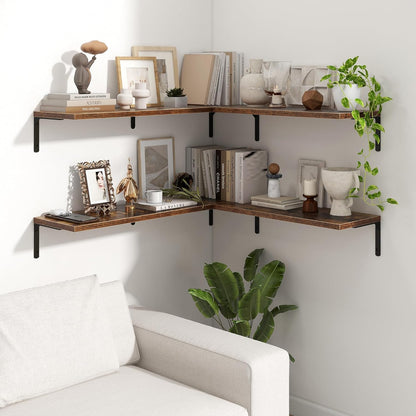 Fun Memories Deep Floating Shelves, 36W x 8D Floating Shelves Set of 2, Wall Mounted Shelf with Metal Brackets, Rustic Wood Wall Shelf for Bathroom, Kitchen and Living Room, Rustic Brown