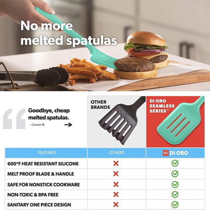 New DI ORO Silicone Turner Spatula Set - Kitchen Spatulas for Nonstick Cookware - Cooking Utensils for Flipping Eggs & Pancakes - 600°F Heat-Resistant BPA Free Turners - Dishwasher Safe (4pc, Mint)