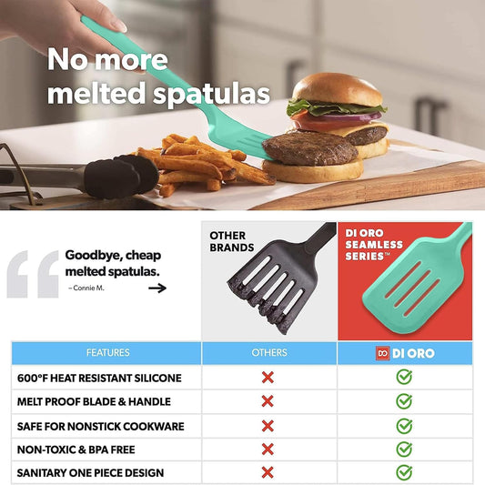 New DI ORO Silicone Turner Spatula Set - Kitchen Spatulas for Nonstick Cookware - Cooking Utensils for Flipping Eggs & Pancakes - 600°F Heat-Resistant BPA Free Turners - Dishwasher Safe (4pc, Mint)