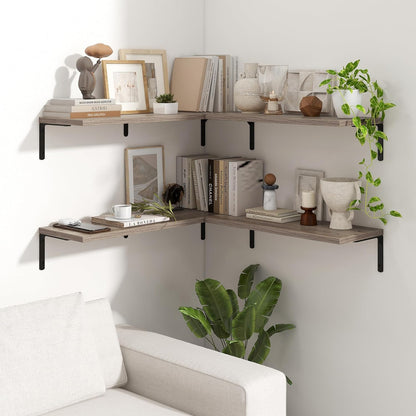 Fun Memories Deep Floating Shelves, 32W x 8D Floating Shelves Set of 2, Wall Mounted Shelf with Metal Brackets, Rustic Wood Wall Shelf for Bathroom, Kitchen and Living Room, Grey