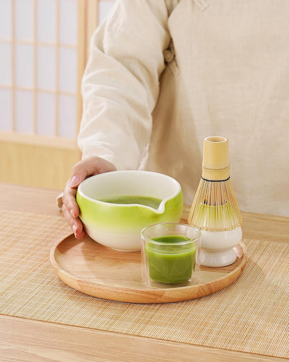 ZENS Matcha Whisk Set, 15oz Hand-Glazed Matcha Bowl with Spout and Bamboo Whisk, Whisk Holder (Chasen), Scoop & Tea Towel, 5pcs Matcha Tea Set Gift for Matcha Ceremony, Green