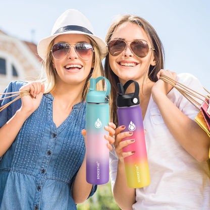 SENDESTAR Water Bottle 40oz Double Wall Vacuum Insulated Leak Proof Stainless Steel Sports Water Bottle—Wide Mouth with New Flex Straw Lid & Spout Lid (Day&Night)