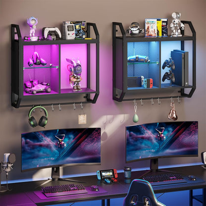 Bestier 25" LED Gaming Floating Shelves for Wall, Wall Mounted Shelf Pipe Adjustable Glass Shelves, Hanging Display Rack with 6 S-Hooks Towel Bar, Gaming Room Decor Shelf, Carbon Fiber Black