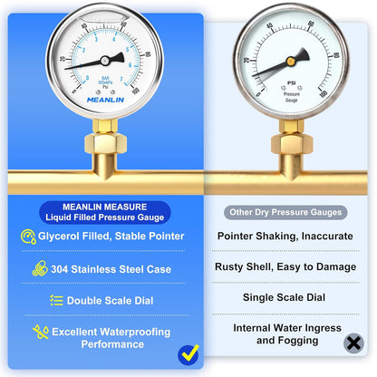 MEANLIN MEASURE 0~100Psi Stainless Steel 1/4" NPT 2.5" FACE DIAL Liquid Filled Pressure Gauge WOG Water Oil Air Lower Mount, with 1/2" NPT and 3/8" NPT Hex Bushing