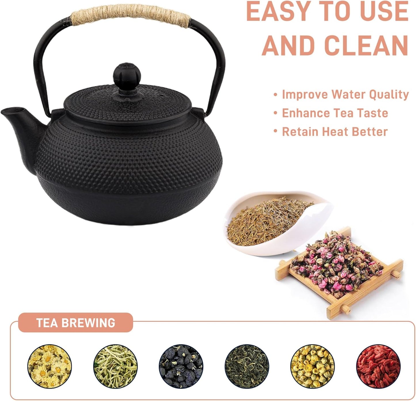 20.3oz Only, Small Tea Kettle for 1-2 Cups, Japanese Tetsubin, Cast Iron Teapot with Stainless Steel Infuser for Loose Leaf & Coffee, Tea Pot for Stovetop Safe, Enamel Interior(Black, 600ml)