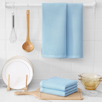 Kitinjoy 100% Cotton Waffle Weave Kitchen Towels (13 X 28 Inches, Sky Blue), 4-Pack Super Soft and Absorbent Dish Towels for Drying Dishes, Kitchen Hand Towels