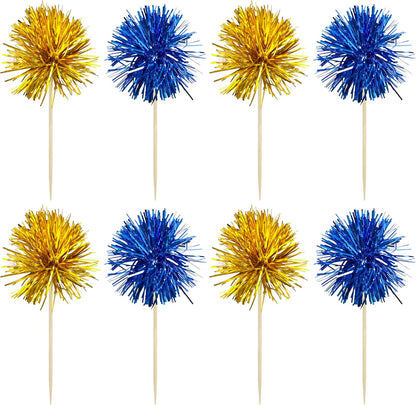 Gyufise 30Pcs Foil Firework Cupcake Toppers Sparkle Tinsel Cake Toppers Tinsel Drink Cake Decoration Cocktail Picks for Birthday Wedding Graduation Party Supplies Gold Dark Blue