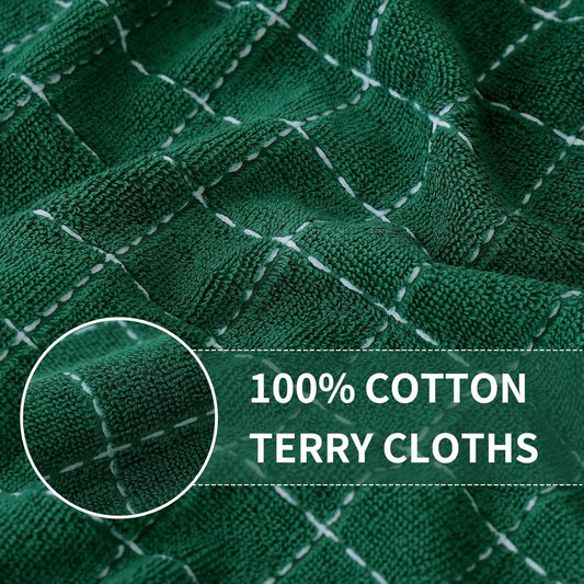 Homaxy 100% Cotton Terry Kitchen Towels(Dark Green, 13 x 28 inches), Checkered Designed, Soft and Super Absorbent Dish Towels, 4 Pack