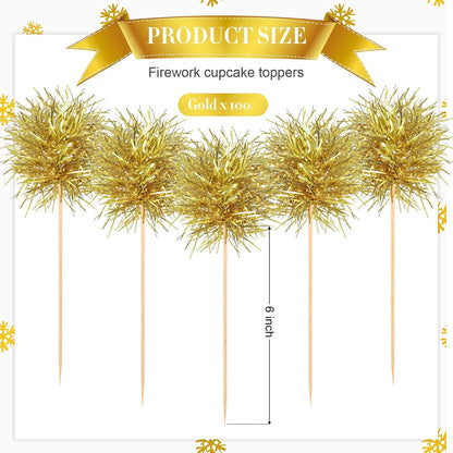 Chinco 100 Pcs Foil Firework Cupcake Toppers Sparkle Tinsel Cake Toppers Cake Decoration Cocktail Fruit Toothpick for Birthday Wedding Graduation Party(Gold)