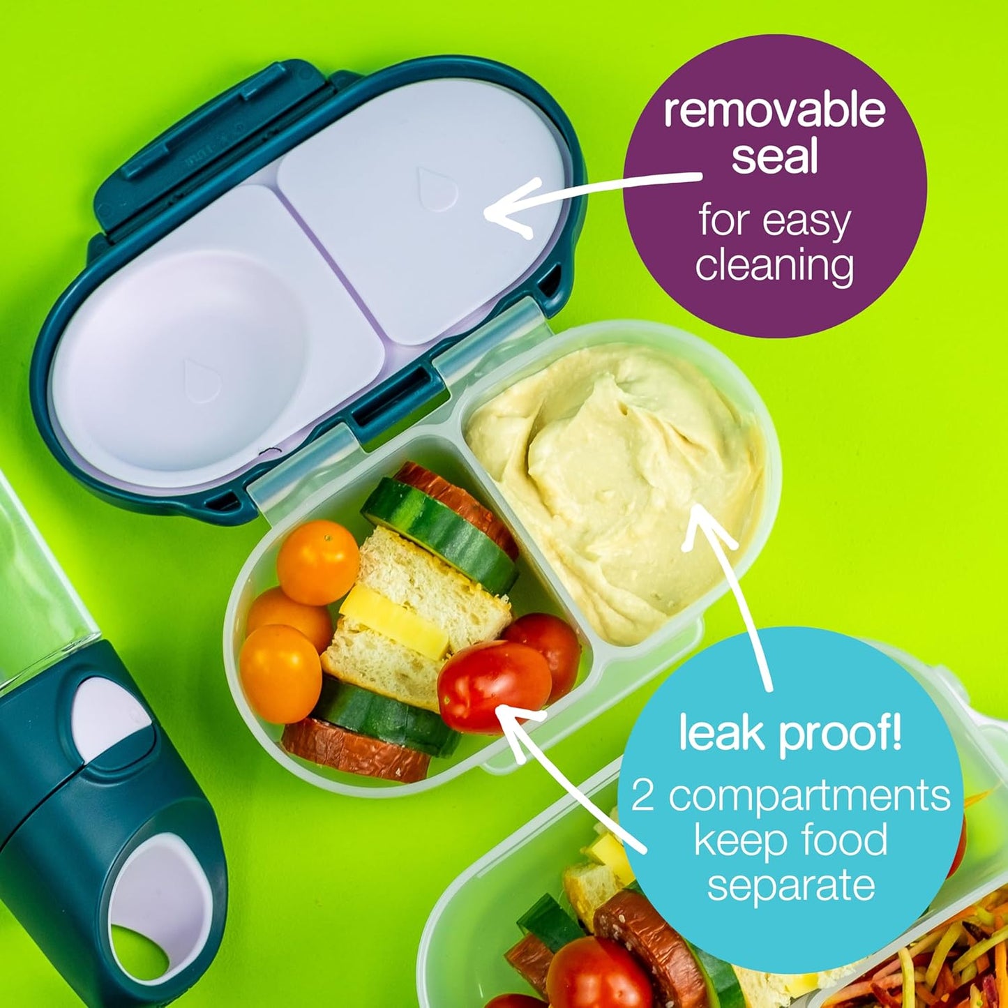 b.box Snack Box (2-pack) Reusable Snack Containers with Lids – Bento Box for Kids & Toddlers, Leakproof Lunch Box, BPA-Free and Dishwasher Safe Snack Container(O'Breeze + Blue Slate, 1 3/4 Cup)
