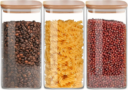 Square Glass Jars Canister with Wood Lid 50 FL OZ [Set of 3], Container Jar with Sealing, Lids for Oat Pasta Flour Cereal Rice Sugar Tea Coffee Beans, Best for Kitchen & Pantry