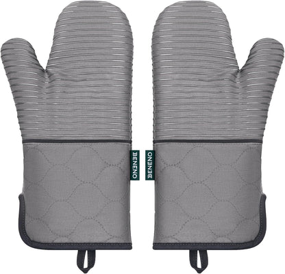 Beneno Kitchen Oven Mitts 2-Pack Heat Resistant to 500°F with Non-Slip Silicone Grip, Extra Long 14.3" Forearm Protection, Soft Quilted Cotton Terry Lining, Ideal for Cooking, Baking, Grilling, Gray