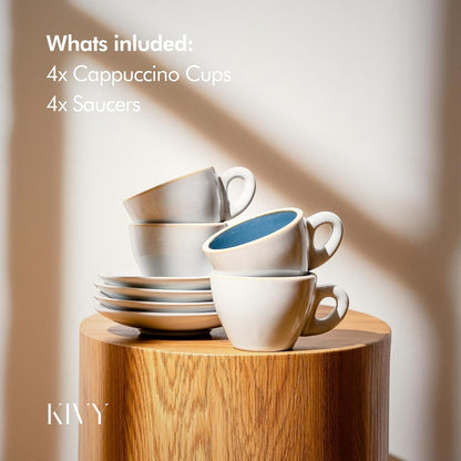 KIVY Cappuccino cups set of 4 [8oz] - Thick-walled stoneware cappuccino cup set for latte art - Latte mugs - Latte cups - Coffee mug - Latte art cup - Ceramic latte cup and saucer set of 4 - Blue
