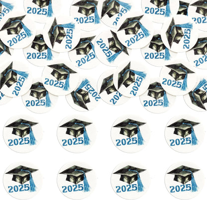 Gyufise 48Pcs Edible 2025 Graduation Cap Cupcake Toppers Wafer Paper Class of 2025 Grad Cap Cupcake Picks for 2025 Graduation Theme Party Cake Decorations Supplies Blue