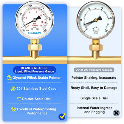 MEANLIN MEASURE -30inHG~250Psi Stainless Steel 1/4" NPT 2.5" FACE DIAL Vacuum Pressure Gauge, Lower Mount, with 1/4" x 1/2" NPT and 1/4" x 3/8" NPT Hex Bushing