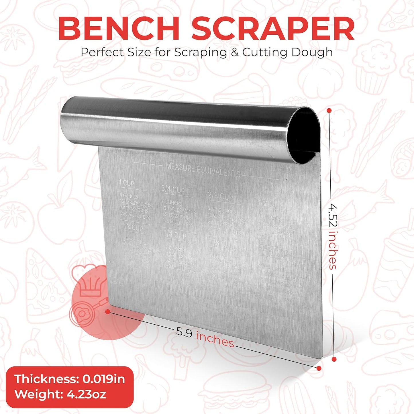 Bench Scraper for Baking, Food Scraper Stainless Steel Blade Dough Cutter with Engraved Measuring Guide & Equivalent Chart, Scraper Tool kitchen Use for Scrapping, Cutting, Chopping, 2 Pack -by RamPro