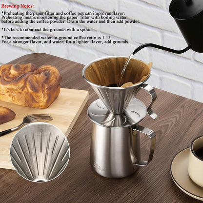 Pour Over Coffee Maker, 304 Stainless Steel wIth 100 pcs Size 02 Cone Paper Filters & 600ml Milk Frothing Pitcher, for Home & Camping