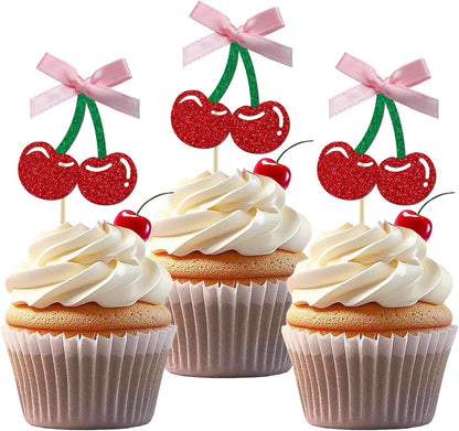24 Pack Cherry Cupcake Toppers, Glitter Sweet Cherry Cupcake Pick for Fruits Theme Baby Shower and Birthday Decorations Supplies