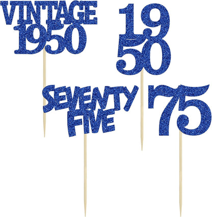 Gyufise 24Pcs Vintage 1950 Cupcake Toppers Glitter Cheers to 75 Fabulous Seventy Five Cupcake Picks 75th Birthday Wedding Anniversary Party Cake Decorations Supplies Deep Blue