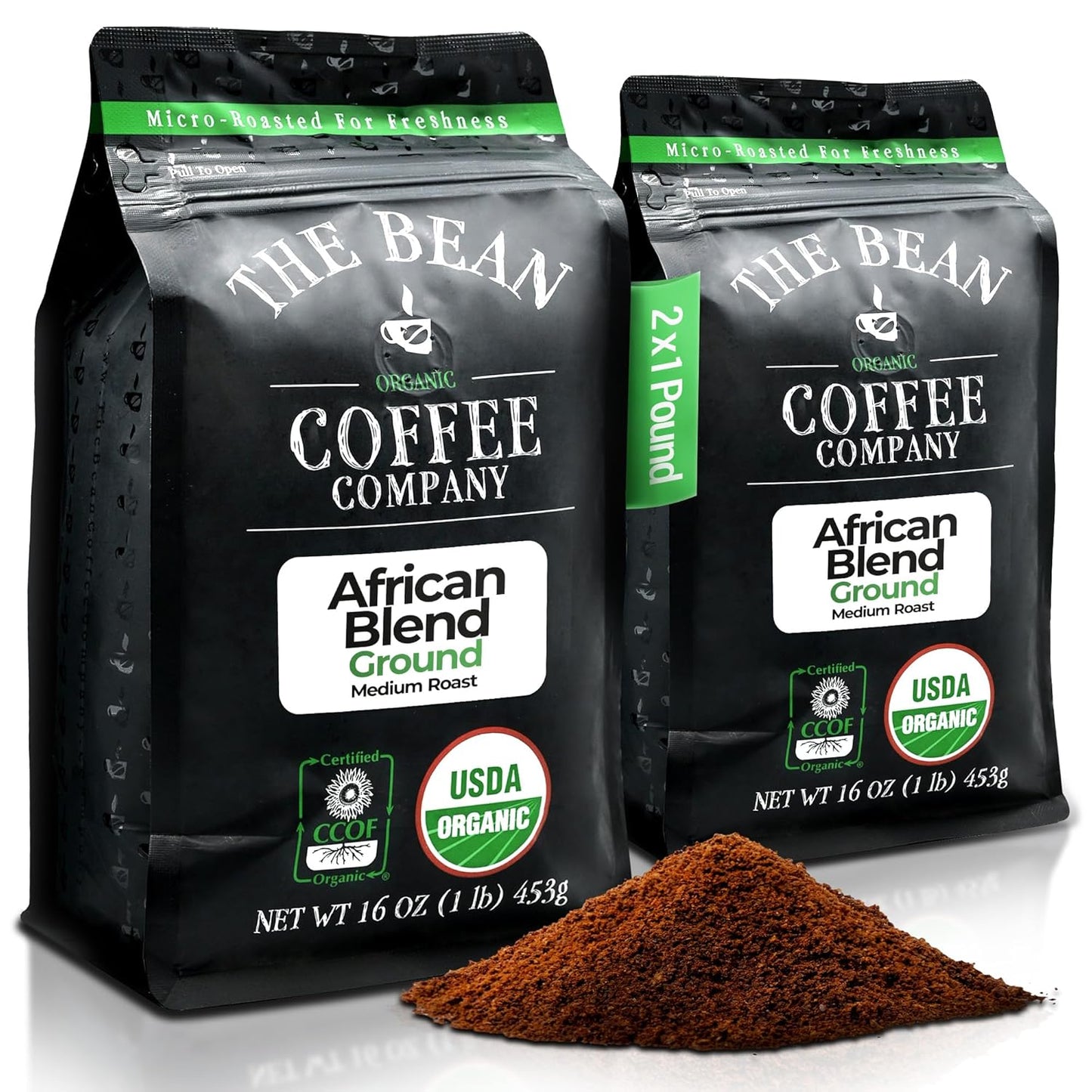 The Bean Organic Coffee Company African Blend, Medium Roast, Ground Coffee, 16-Ounce Bags (Pack of 2), Café molido tostado orgánico