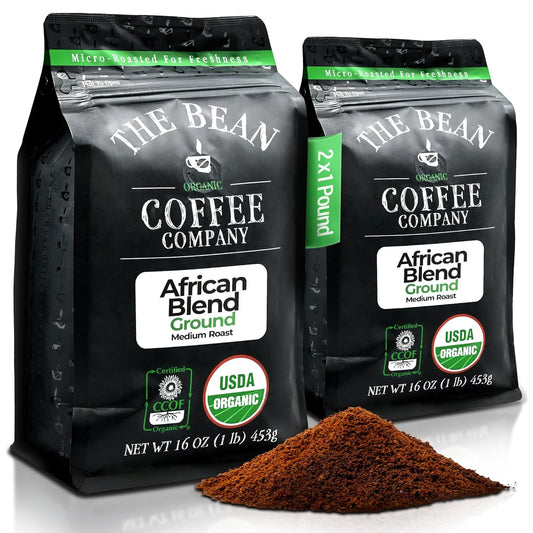 The Bean Organic Coffee Company African Blend, Medium Roast, Ground Coffee, 16-Ounce Bags (Pack of 2), Café molido tostado orgánico