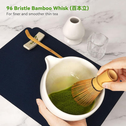 Matcha Tea Kit 10-Pcs Set, Whisk and Bowl with Spout & Measuring Spoon, Japanese Tea Making Tools, White