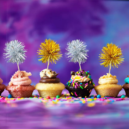 Gyufise 30Pcs Foil Firework Cupcake Toppers Sparkle Tinsel Cake Toppers Tinsel Drink Cake Decoration Cocktail Picks for Birthday Wedding Graduation Party Supplies Gold Silver