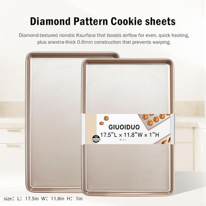 Baking Sheet Pan Set of 2, Cookie Sheets for Oven, Nonstick Half/Quarter/Jelly Roll Pans with Diamond Texture Pattern, 0.8mm Thick Heavy Duty Cookie Tray, Champagne Gold（17.5 * 11.8 * 1inch）