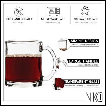 Vikko Glass Coffee Mugs, 10.75 Ounce Clear, Set of 4, Microwave & Dishwasher Safe