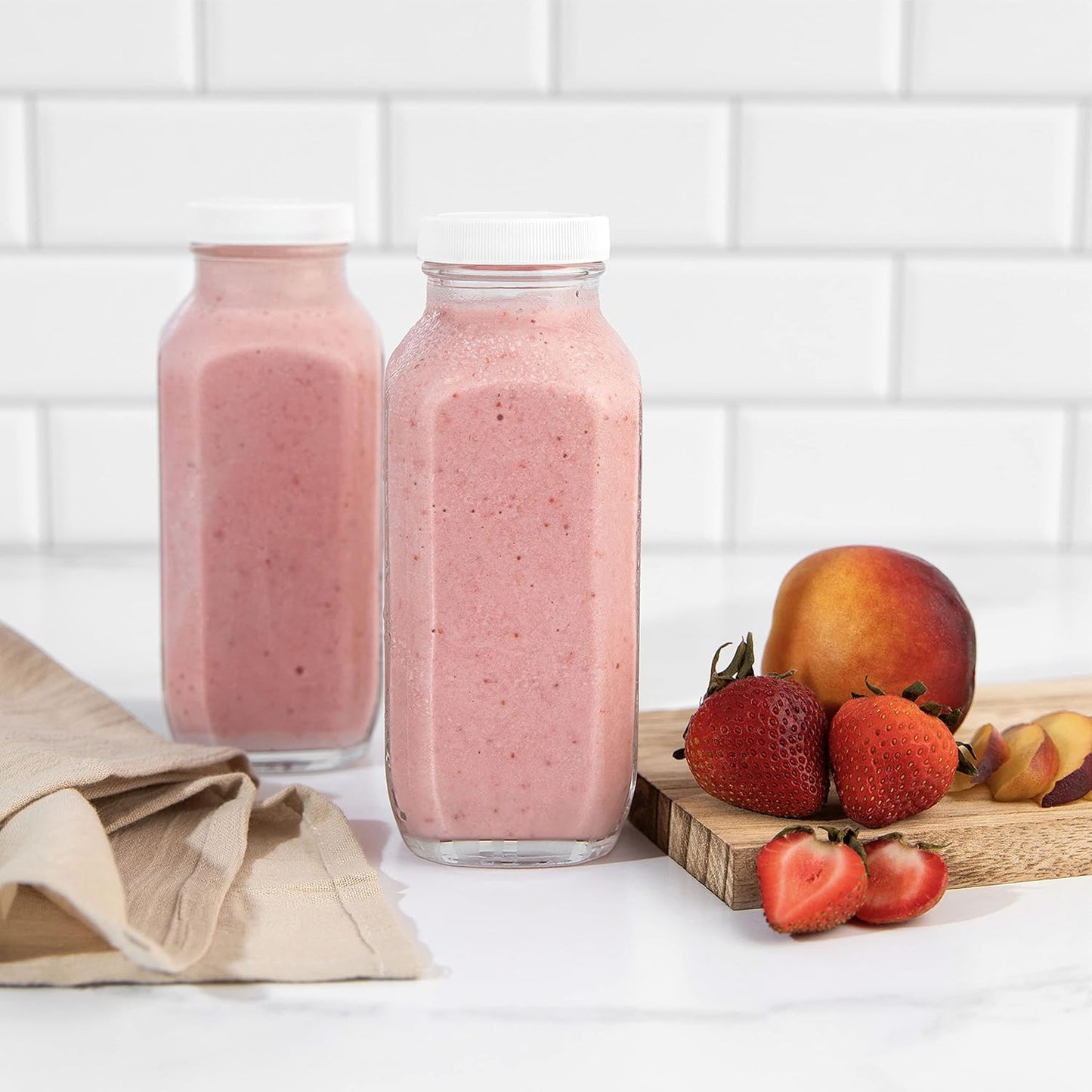 16oz Square Glass Milk Bottles with Plastic Airtight Lids -Vintage Reusable Dairy Drinking Jars Containers for Milk, Yogurt, Smoothies, Juice, Kefir, & Water -2 Pack 16 oz Glass Bottles with Lids